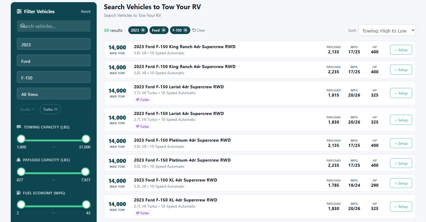 MintRV vehicle selection showing 40,000+ vehicles with towing and payload specs